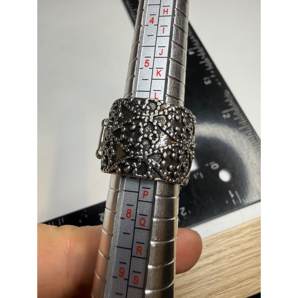 Ornate Oxidized Silver Tone Wide Band Stretch Ring Textured Stippled Statement